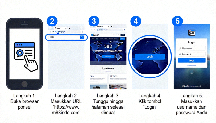 Grafik langkah demi langkah cara mengakses M88 melalui browser ponsel mulai dari membuka browser hingga login