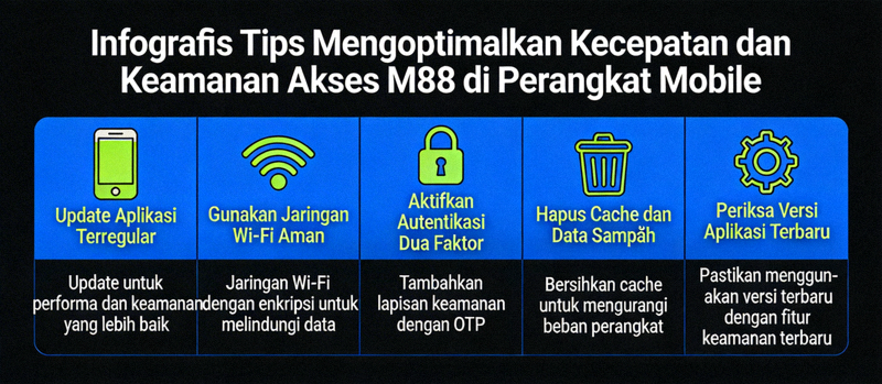 Infografis tips mengoptimalkan kecepatan dan keamanan akses M88 di perangkat mobile