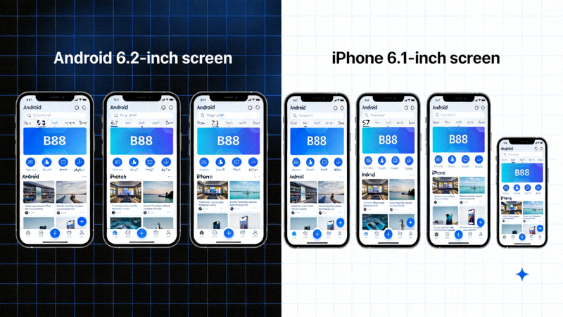 Perbandingan tampilan M88 di berbagai ukuran layar ponsel Android dan iPhone