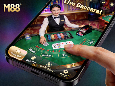 Tampilan close-up meja Live Baccarat di M88 pada layar smartphone dengan kontrol sentuh